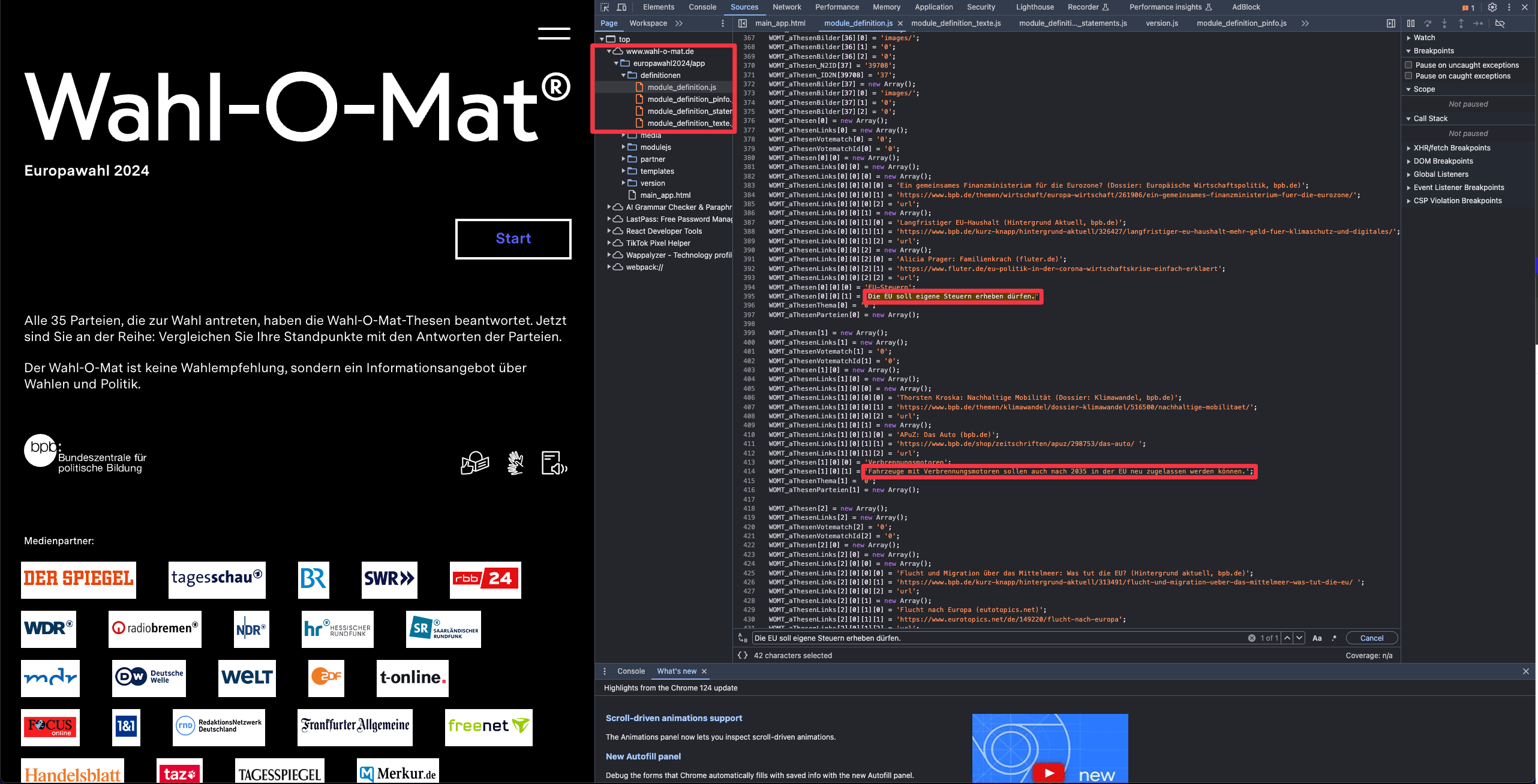 Wahl-O-mat page with developer tools open showing the data files