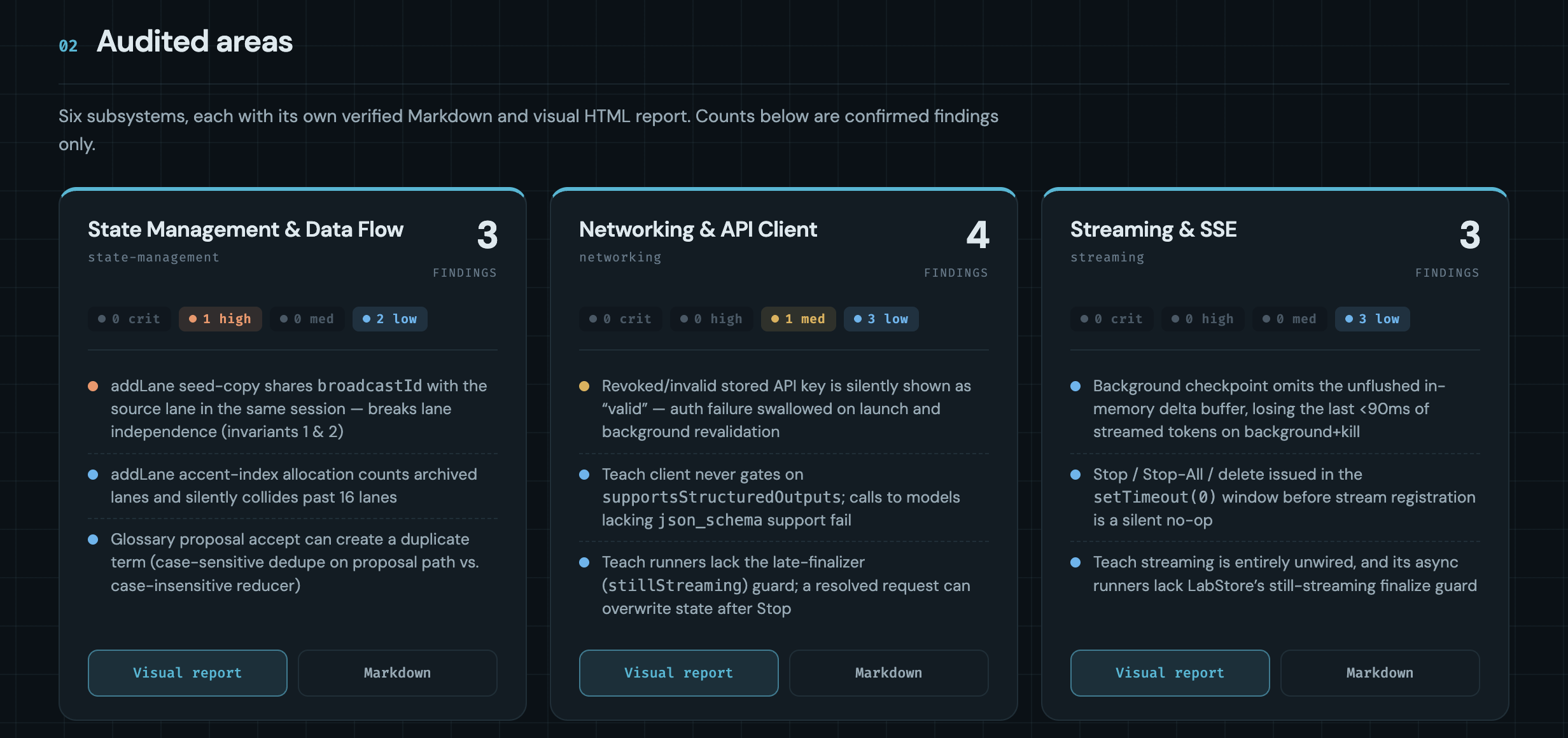 Dashboard cards for state management, networking, and streaming with severity counts