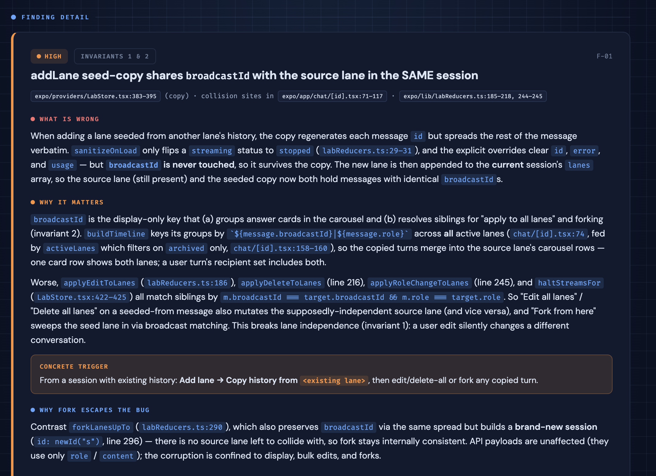 Finding detail for the shared broadcastId bug, with file locations and a concrete trigger