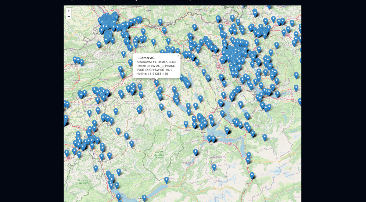 Interactive Map of Charging Stations for Electric Cars in Switzerland